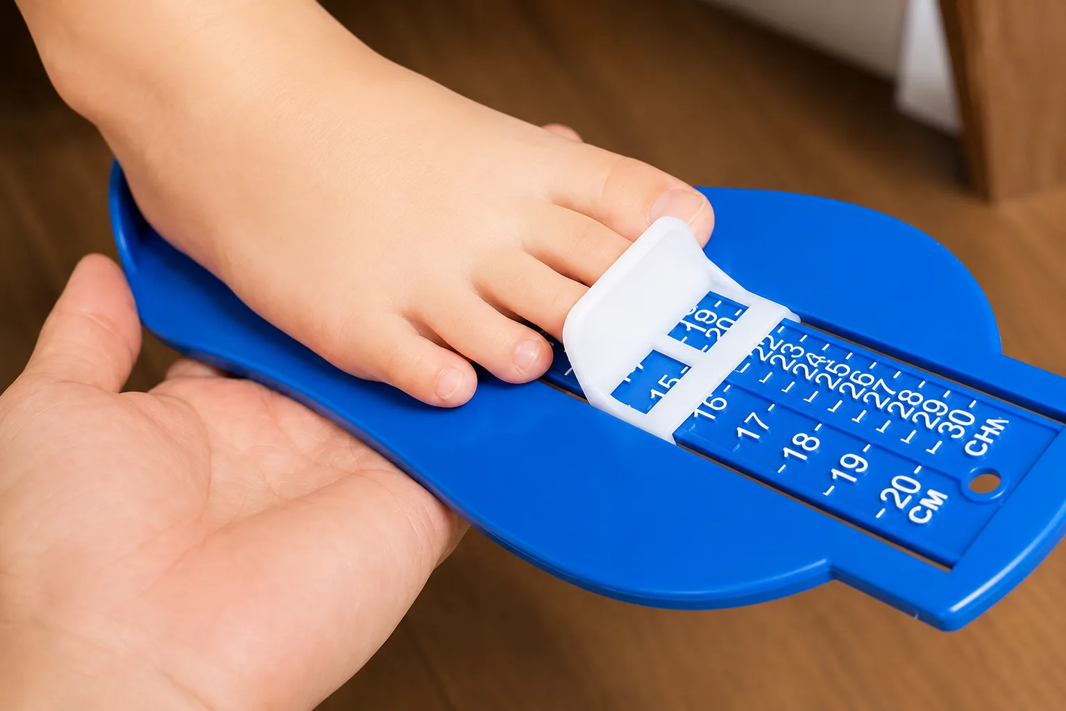 子どもの足を専用器具で計測している様子